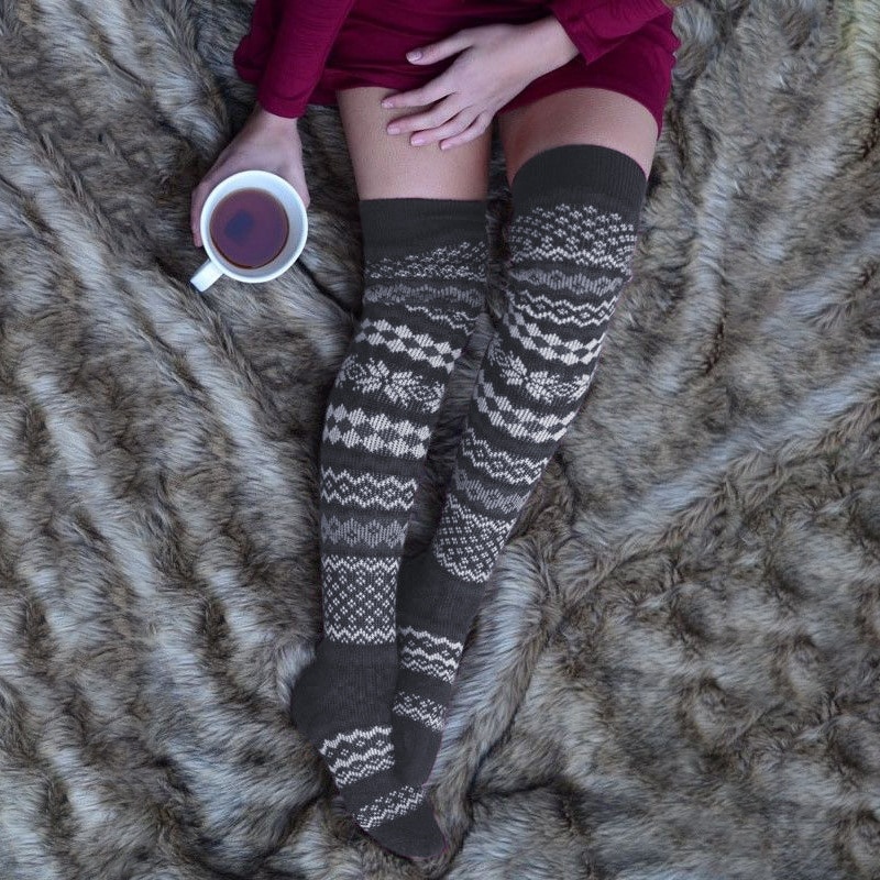 Merk dames beenwarmers winter warm over de knie lang hoog kerst print herfst knielengte zacht: Grijs