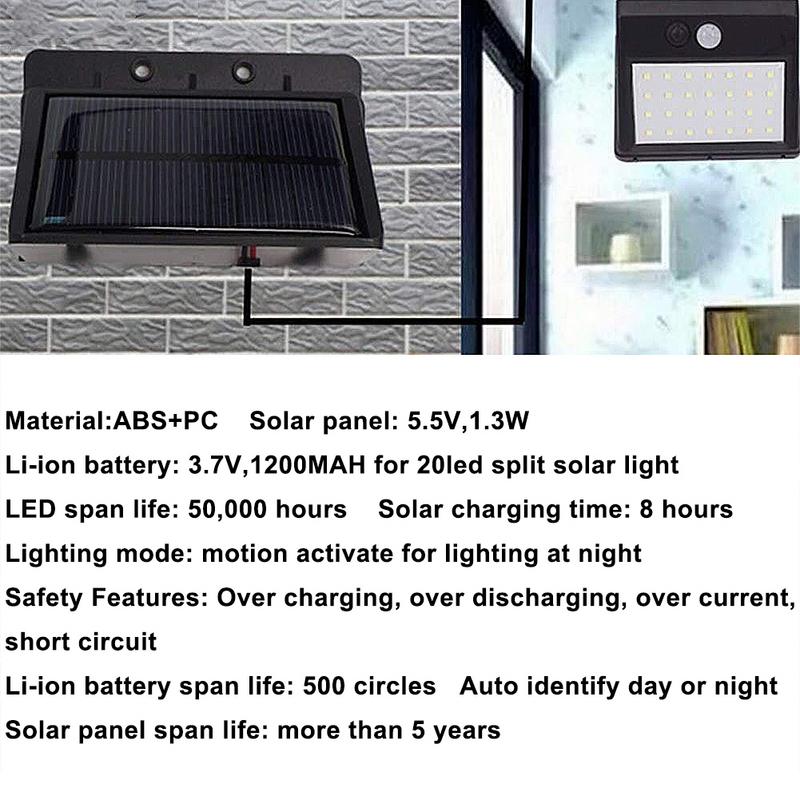 Outdoor 20 LEDs Split Zonne-energie Gloeilamp PIR Motion Sensor 3 Modes Waterdicht Aparte Tuin Street Night Lamp Muur licht