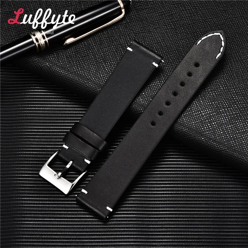 Vintage Horlogebandje 16Mm 18Mm 20Mm 22Mm 24Mm Snelkoppeling Koeienhuid Horlogeband Universeel Horlogeband Accessoires Armband: Black / 24mm