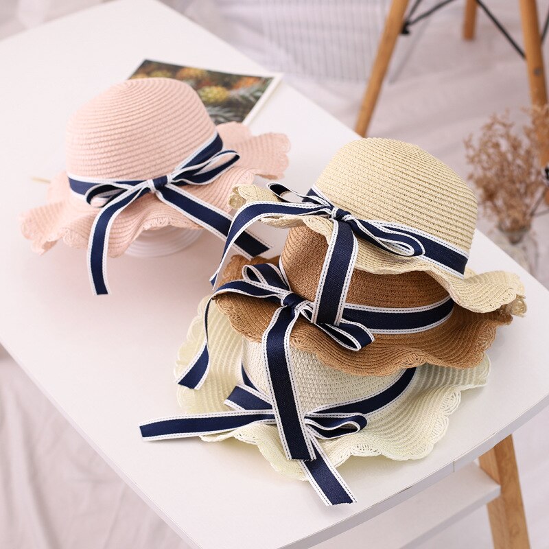 REYI001 summer kids girl casual straw hat Baby children Breathable Floppy large brim ribbon bowknot sun hat panama gorros