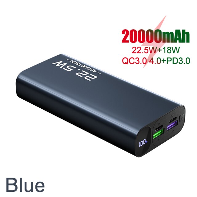 Power Bank 20000mAh Portable Charger 22.5W QC3.0 SFC PD USB Type C Fast Charging PowerBank 20000 mAh for iPhone External Battery: Blue