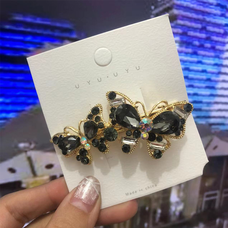 Retro pełna diamentowa grzywka szpilka moda damska śliczna szpilka do włosów z tyłu głowy Rhinestone akcesoria do włosów Rhinestone motylkowa szpilka do włosów: Black