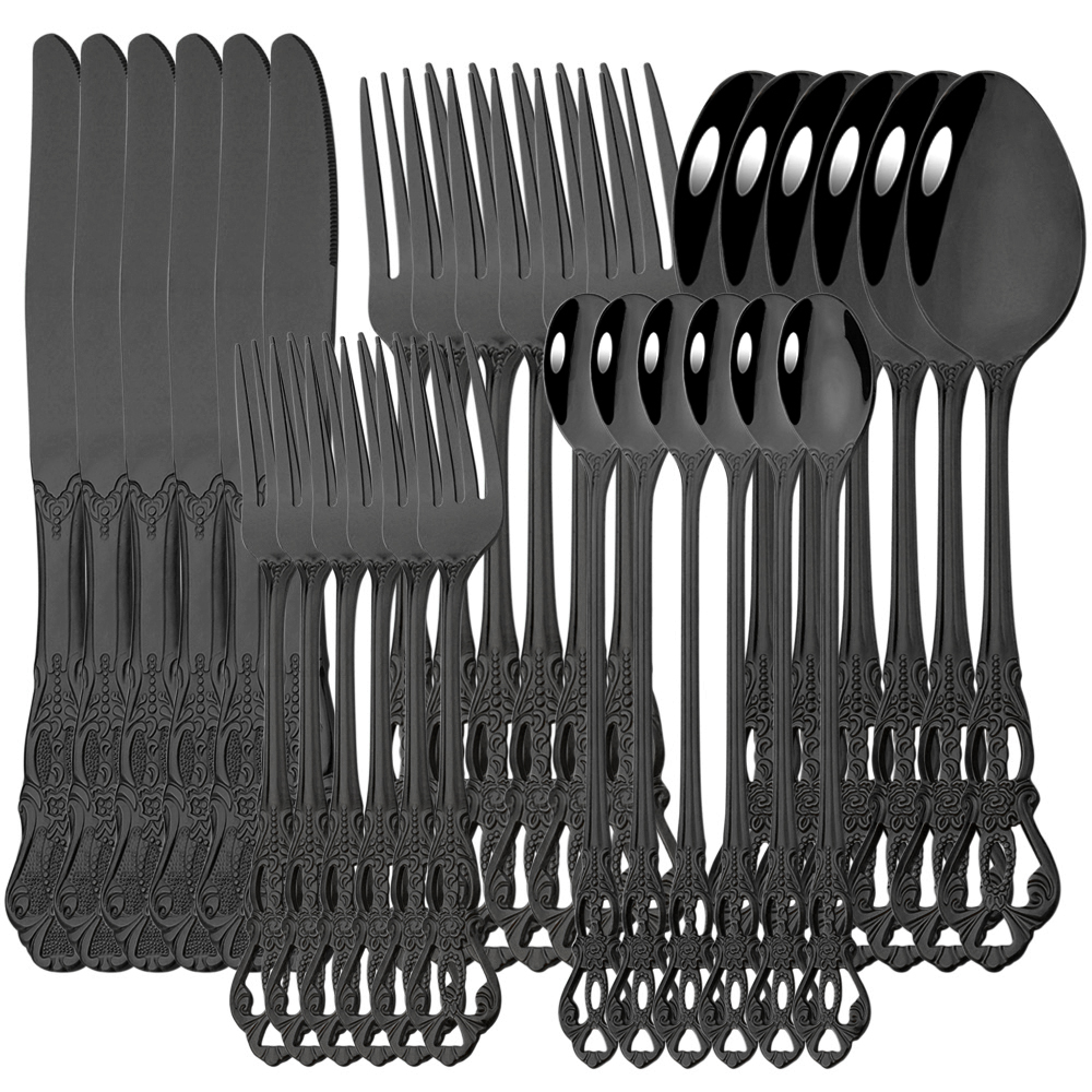Drmfiy 6/30Pcs Silver Dinnerware Set Knife Dessert Fork Spoon Flatware Stainless Steel Cutlery Kitchen Silverware Tableware Set: 30Pcs Black