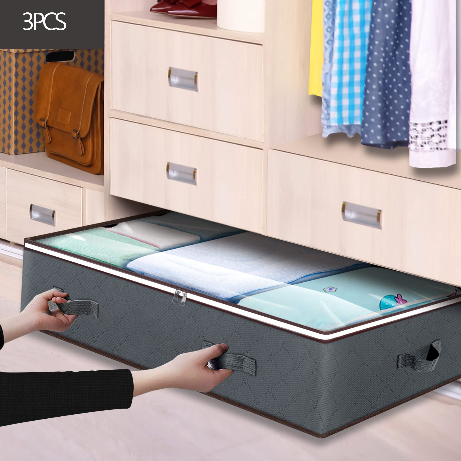 3 Pack Under Bed Storage Container Organizer Large Capacity Under Bed Clothes Storage Box Foldable Storage Bag with Clear Window: Ivory