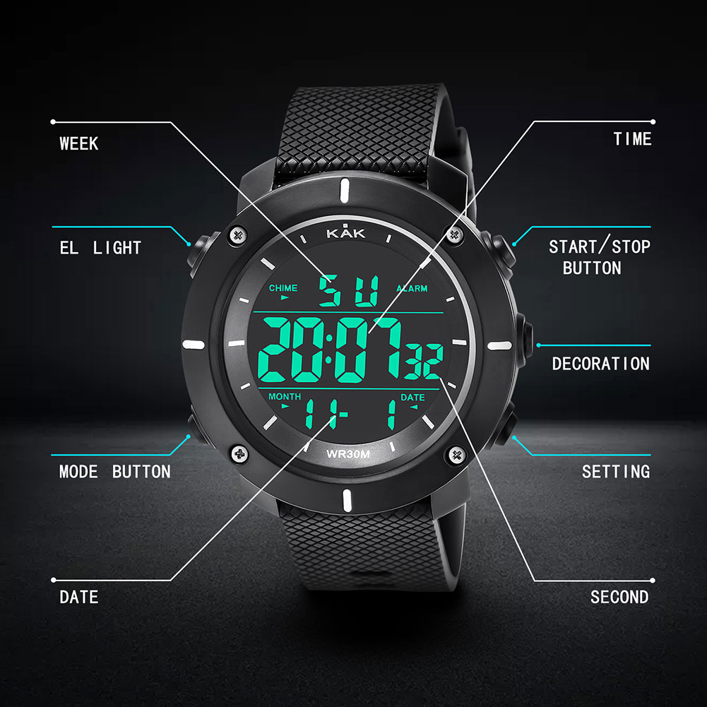 KAK Outdoor Men Sports Watches Waterproof Luminous Time Date Stopwatch LED Digital Wrist Watch