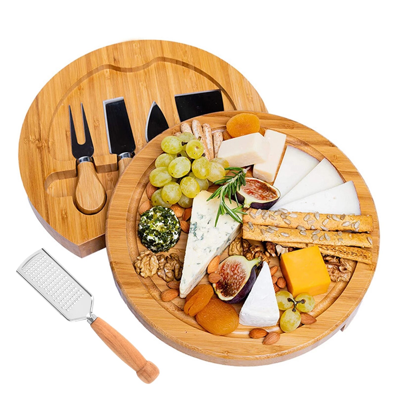 Wooden 10" Bamboo Cheese Board Set Round Cheese Platter Serving Platter Serving Board Charcuterie Platter Cheese Knife Set 원목판