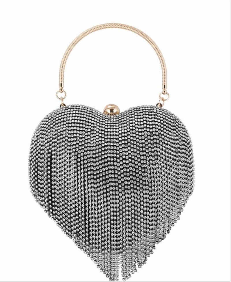 Vrouwen Diamanten Bruiloft Clutch Bags Kwastje Banket Portefeuilles Voor Dames Heart Shaped Party Schoudertassen Met Ketting MN1586: Black