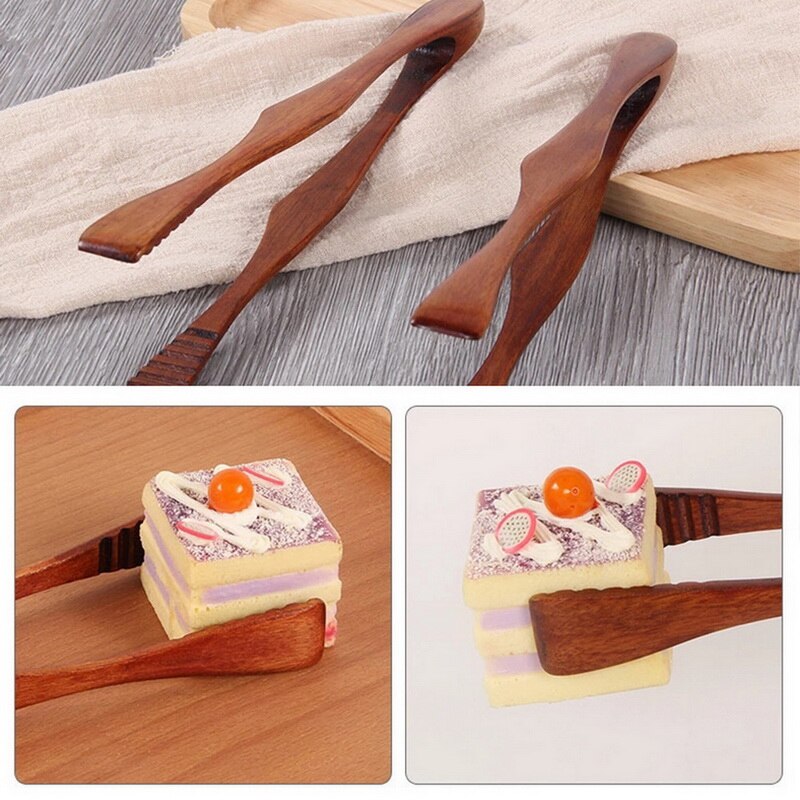 1PCS Wooden Food Tongs BBQ Barbecue Bacon Steak Tongs Bread Dessert Pastry Clip Salad Clamp Buffet Kitchen Utensil Cooking Tools