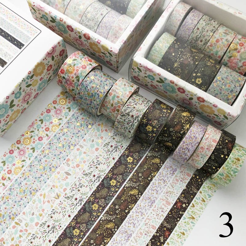 Cinta adhesiva decorativa Estilo Vintage para álbum de recortes, cinta adhesiva Washi de color negro y dorado para decoración de álbumes de recortes, papelería para diario, 10 unids/set por juego: 3