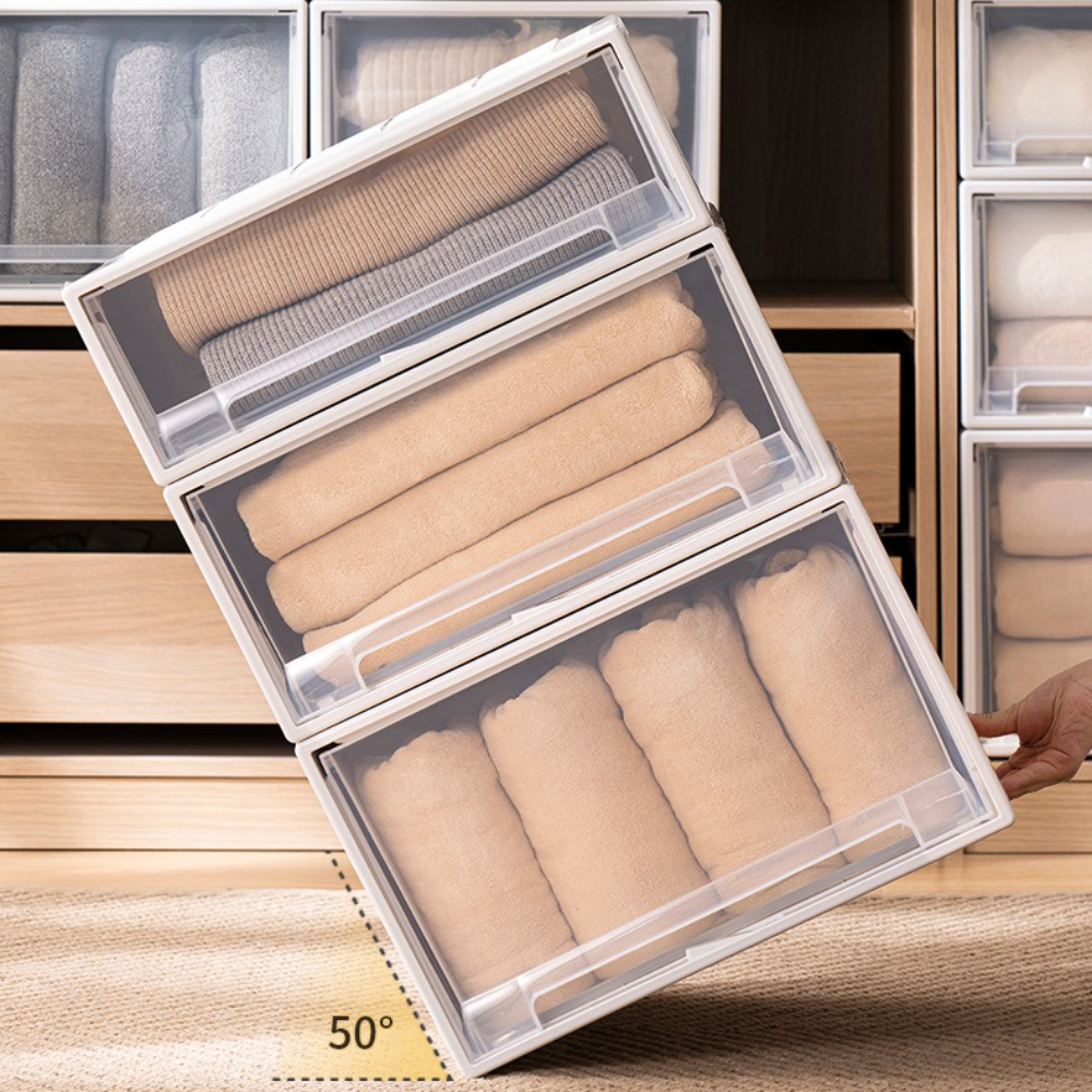 Kleiderschrank-Aufbewahrungsbox, transparente Nachttisch-Kleiderbox mit Deckel, Haushaltsverdickung, Schubladen-Stil, stapelbarer Behälter zum Organisieren