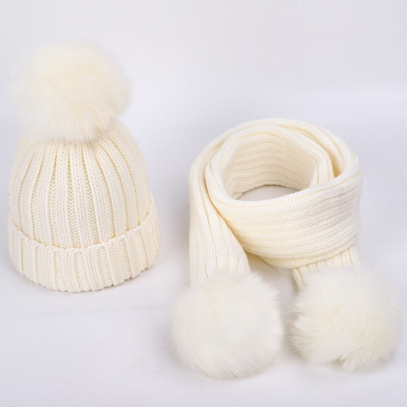 Efterår og vinter varme børns strikkede hat tørklæde sæt all-match pels kugle baby tyk uld hat tørklæde: Hvid