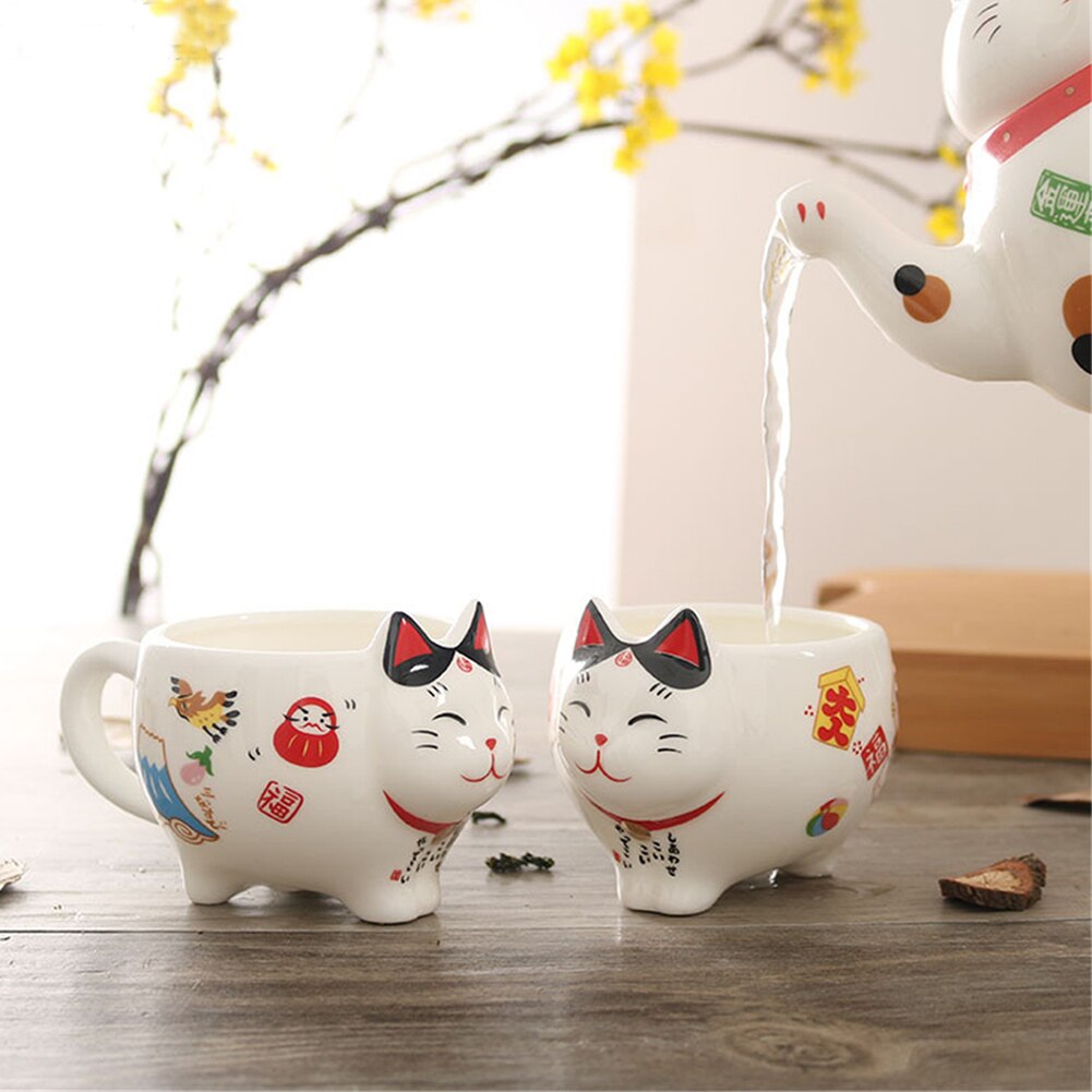 Théière en céramique en forme de chat Plutus, 2 tasses mignonnes en forme de chat porte-bonheur, café et lait, ensemble de 3 pièces/lot