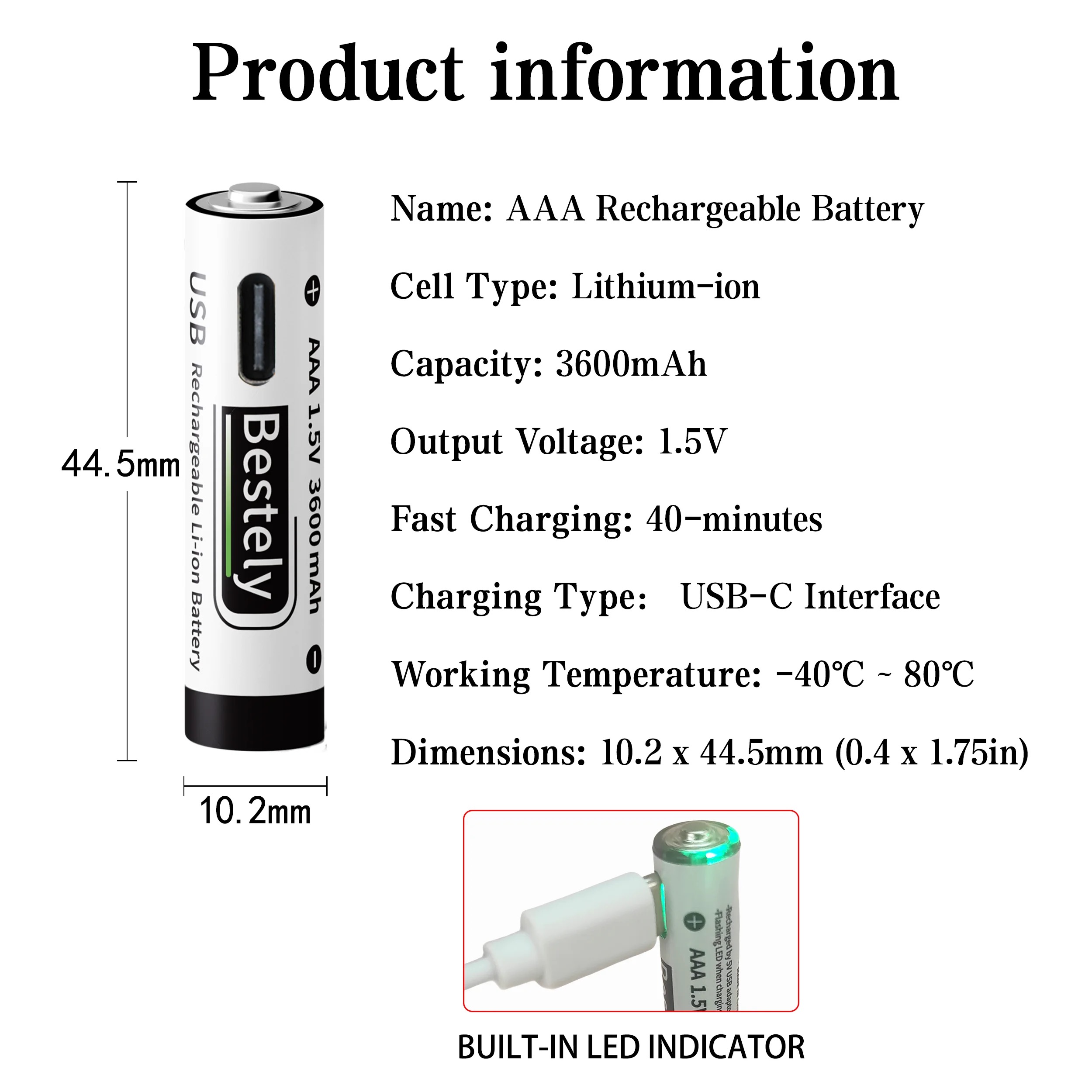 USB-C 1.5v AAA 3600mAh Rechargeable Lithium ion Ba... - Grandado