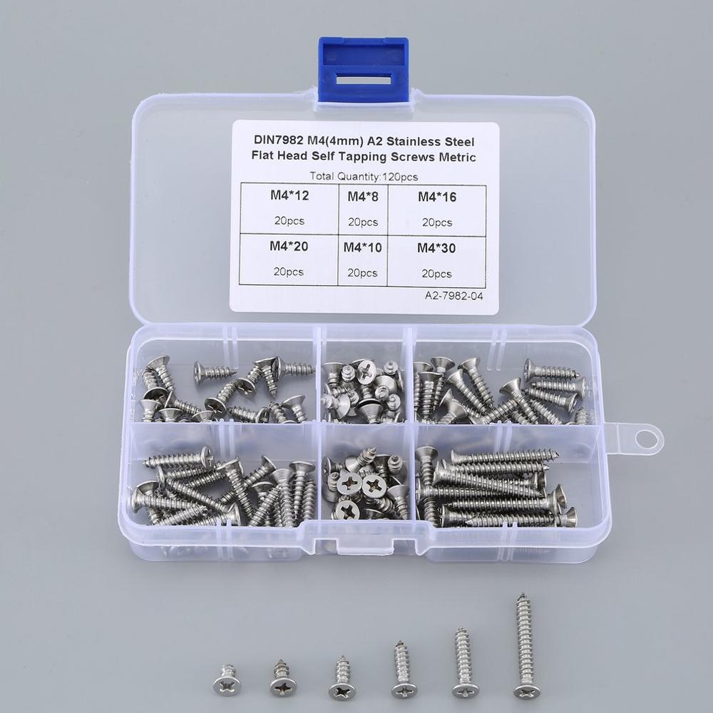 120pcs M4 304 Stainless Steel Screw Cross Recessed Flat Head Self-tapping Wood Screws Combination Set