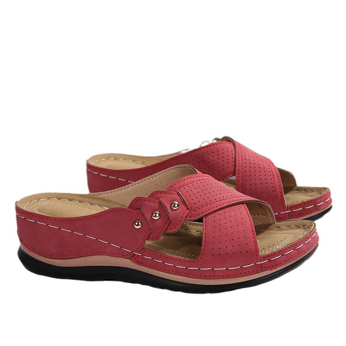 Vintage Mid Hak Strappy Rug Open Teen Slide Sandalen-Zachte Faux Lederen Bovenkant, Comfortabele Pu-Zool Comfortabele Schoenen Voor Dames