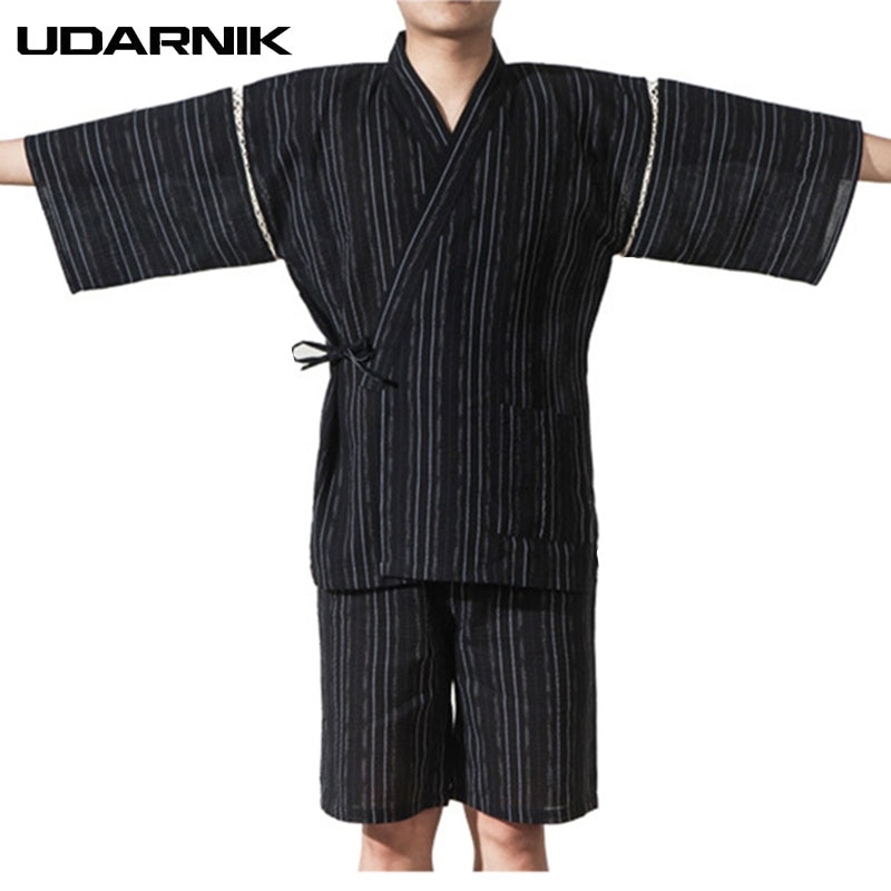 Mannen Japan Stijl Pyjama Sets Yukata Kimono Nachtkleding Half Mouw V-hals Tops Shorts Gestreepte Nachtkleding Pyjama Homme 226-117