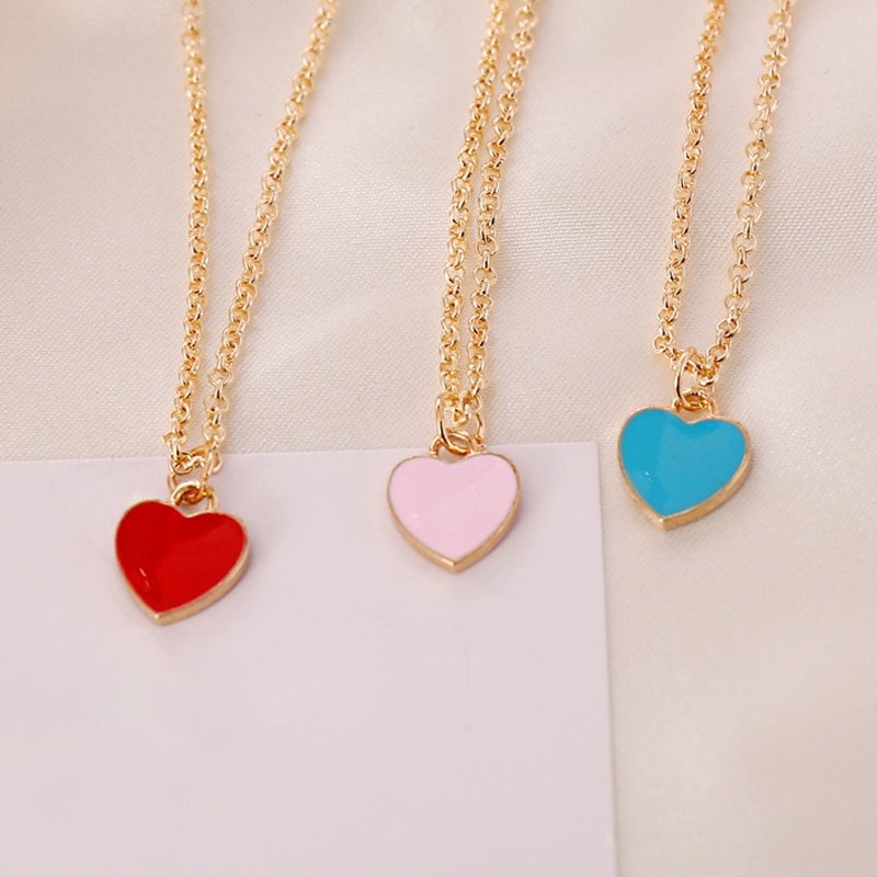 Red Pink Blue Heart-shaped Pendant Necklace Women's Wedding Clavicle Chain Jewelry Romantic Valentine's