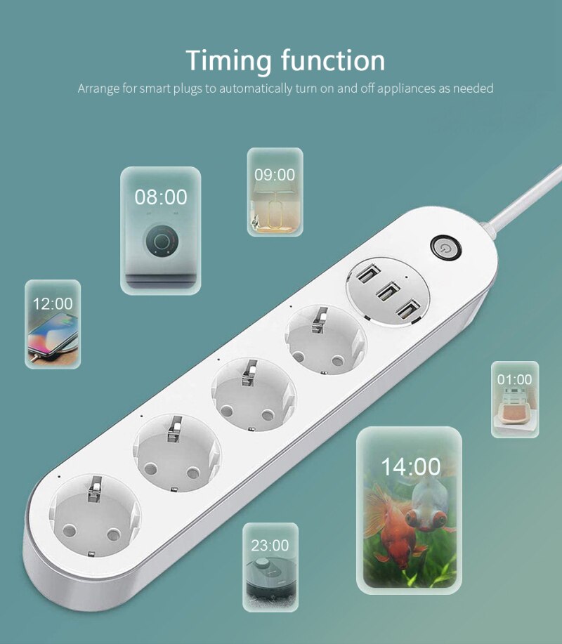 Wifi Smart Power Strip 4 EU Outlets Plug with 3 USBCharging Port Timing App Voice Control Work with Alexa Google Home