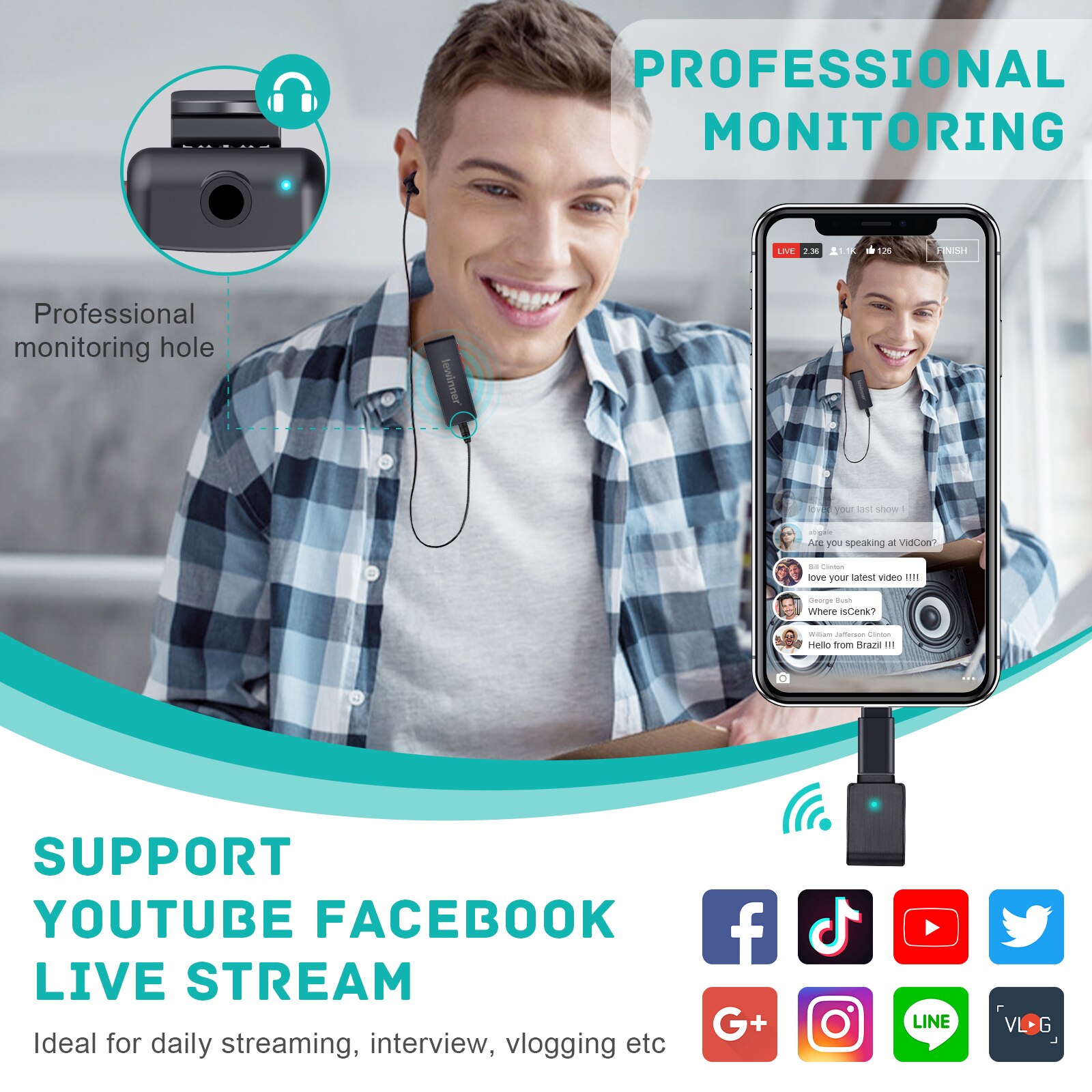 Lewinner Wireless Lavalier Microphone with Charging Case 2.4GHz Lapel Mic for iPhone/iPad/Android/Computer/Laptop for Vlog Live