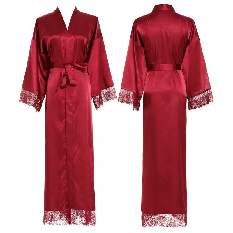 YUXINBRIDAL Silk Satin Lace Robes Bridesmaid Bride Robes Wedding Long Robe Bathrobe Womens Robe White: red