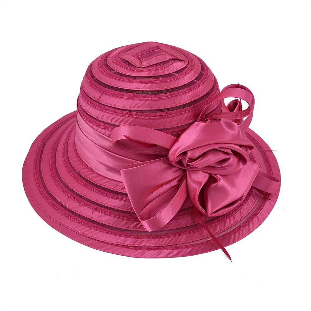 VOBOOM Organza été chapeau femmes vert large bord Protection solaire mariage église mer plage chapeaux rayure dames chapeau arc fleur 001