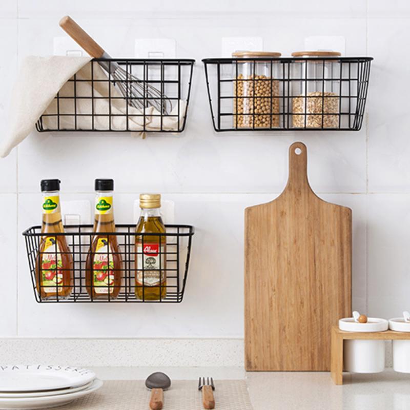 Metal Shelf Organizer Wall Mounted Iron Mesh Basket Rack Sundries Storage Holders Net Box Seamless Paste Hanging Bathroom Cocina