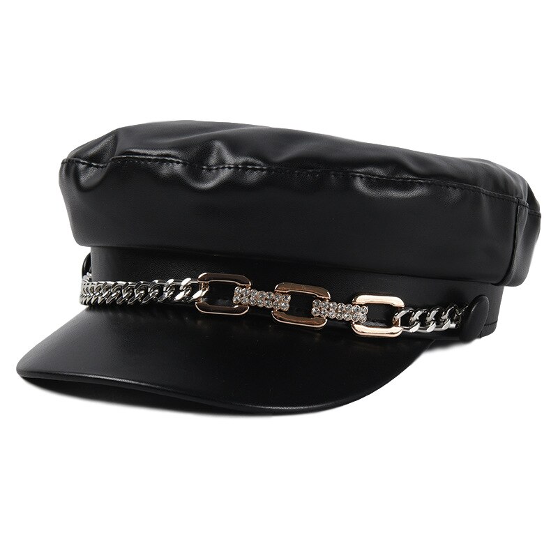 Hoed Vrouwen Herfst En Winter Koreaanse Stijl Pu Lederen Eendenbek Hoed Keten Mode Baret Stijl Winter Outdoor Cap: Black