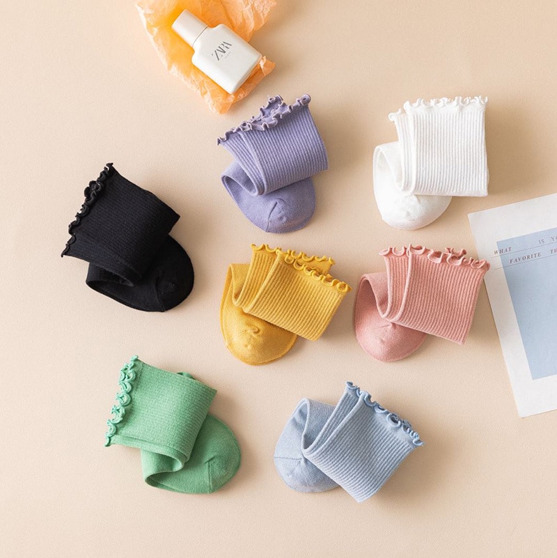 Röyhelöiset röyhelösukat naisille pitsiset söpöt yksivärinen harajuku puuvilla kawaii onnellinen syksy talvi pitkät korkeat naisen sukat tyttöjen sukat