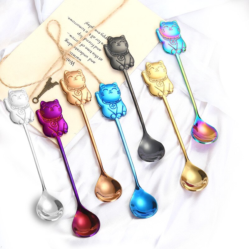 304 Stainless Steel Cartoon Lucky Cat Spoon Coffee Stirring Spoon Ice Cream Ice Cream Dessert Spoon