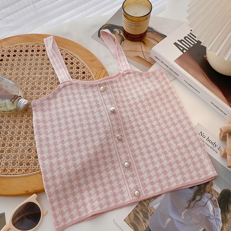 Oudea – débardeur à bretelles en pied-de-poule pour femme, haut court décontracté avec boutons en perles, Vintage, boîte Picto Edge, été: style 2 pink