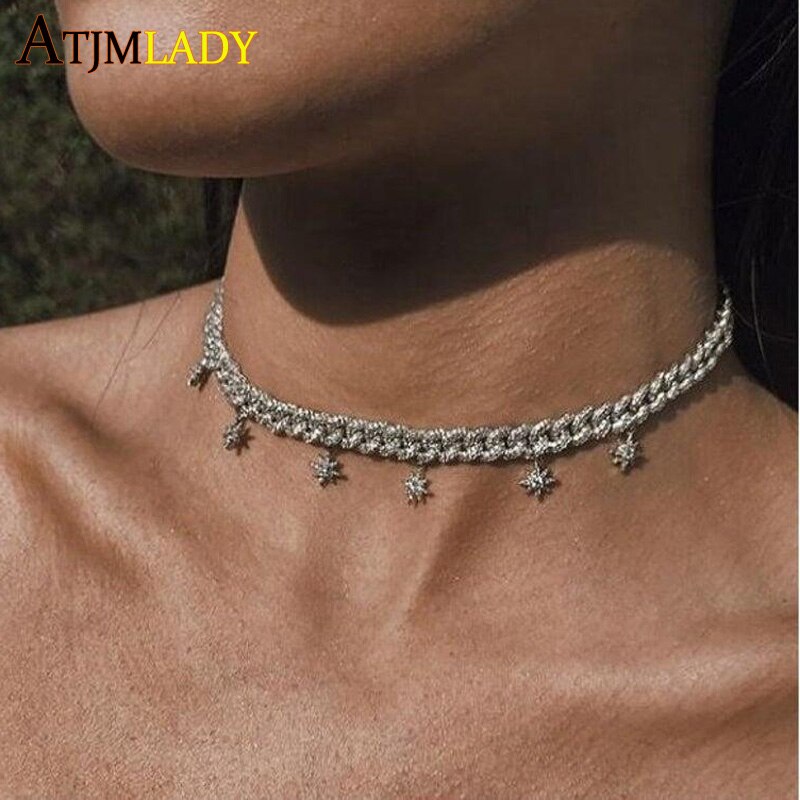 arrived northstar starbrust cz charm iced out bling cubic zirconia Miami cuban link chain choker necklace for women