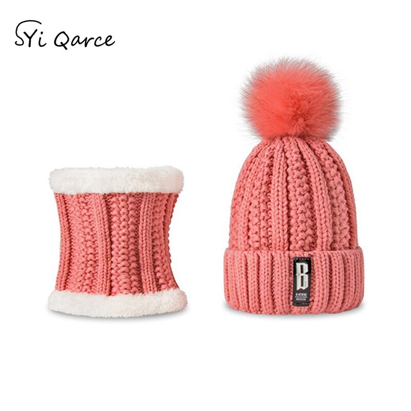 SYi Qarce Letter B 2 Pcs Women Winter Warm Knitted Hat Scarf Set Fleece Prefect Christmas for Girl's Women's hat and scarf: Pink
