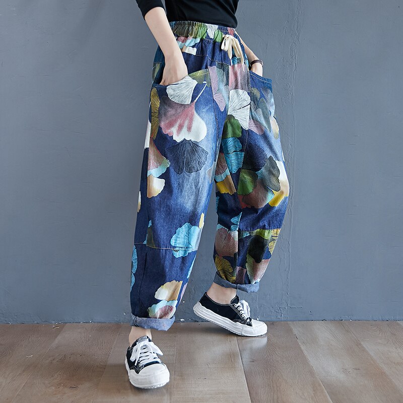 Print Ginkgo leaves Street Casual Jeans Korea Style Washed Denim Jeans Harem Pants Women Autumn Spring Cowboy Jeans
