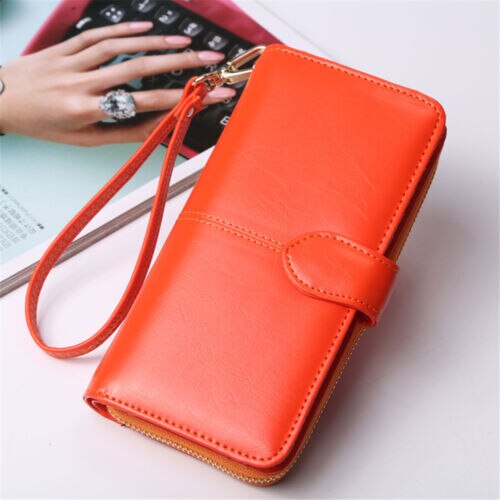 7 farver kvinders lange læder kobling solid tegnebog stor kapacitet taske kortholder lynlås: Rød