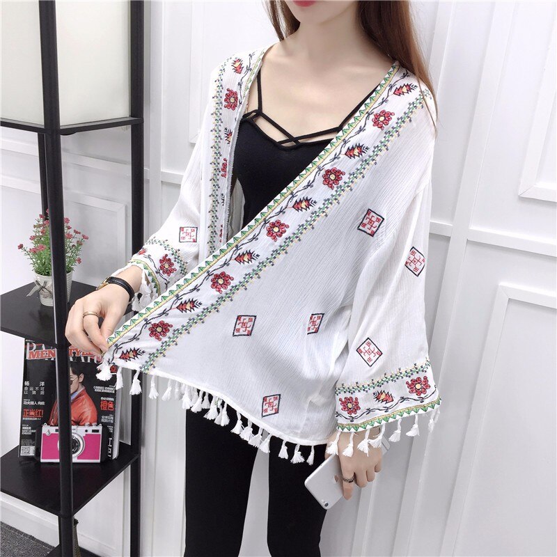 Maternité femmes été ethnique Boho Kimono Cardigan Vintage broderie florale Cardigan fille Beige noir blanc Cardigans