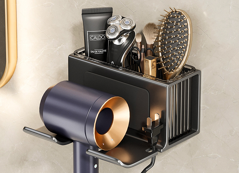 Soporte de aluminio para secador de pelo, estante montado en la pared para baño, estantes de almacenamiento, accesorios, soporte para cepillo: Negro