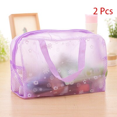 Bolsa para cosméticos transparente, 2 peças, organizador de pvc para maquiagem, portátil, impermeável, bolsa transparente para banheiro: ROXO