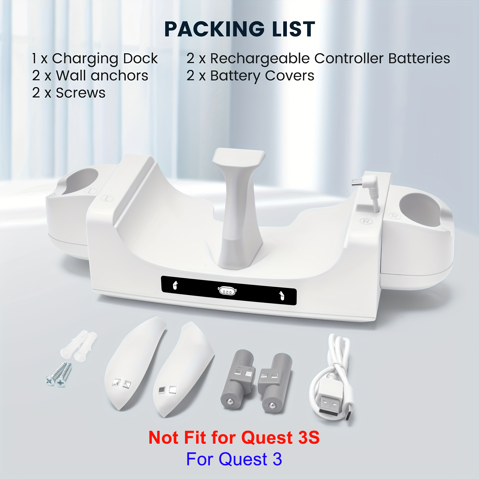 Charging Dock for Oculus/Meta Quest 3, Charging Stand for Controller and Headset with 2 Batteries, Wall Mount (Not for Quest 3S)
