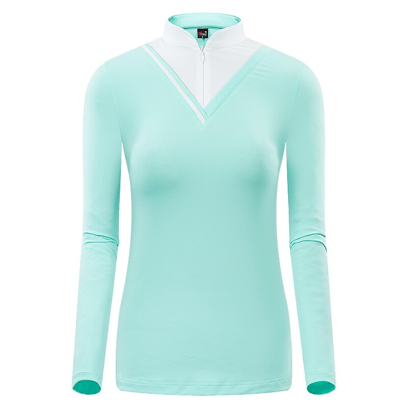 Sommer golf shirt tøj kvindes hurtigtørrende langærmet solbeskyttelse tøj t-shirt lynlås krave stretch bordtennis skjorte: Grøn / M