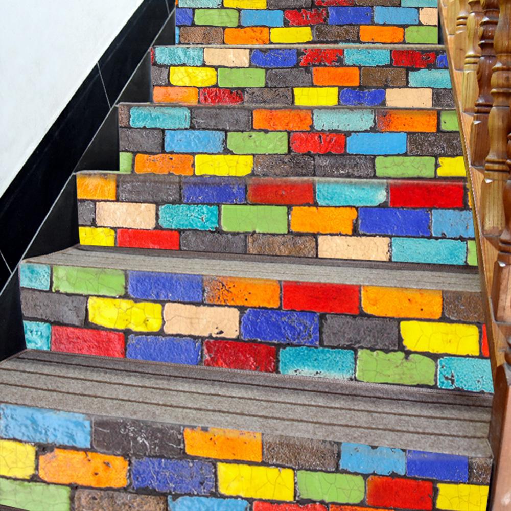 Escadas 3d adesivos papel de parede decalques da escada colorido rústico telhas padrão diy escada adesivo decoração para casa 6 pçs/set