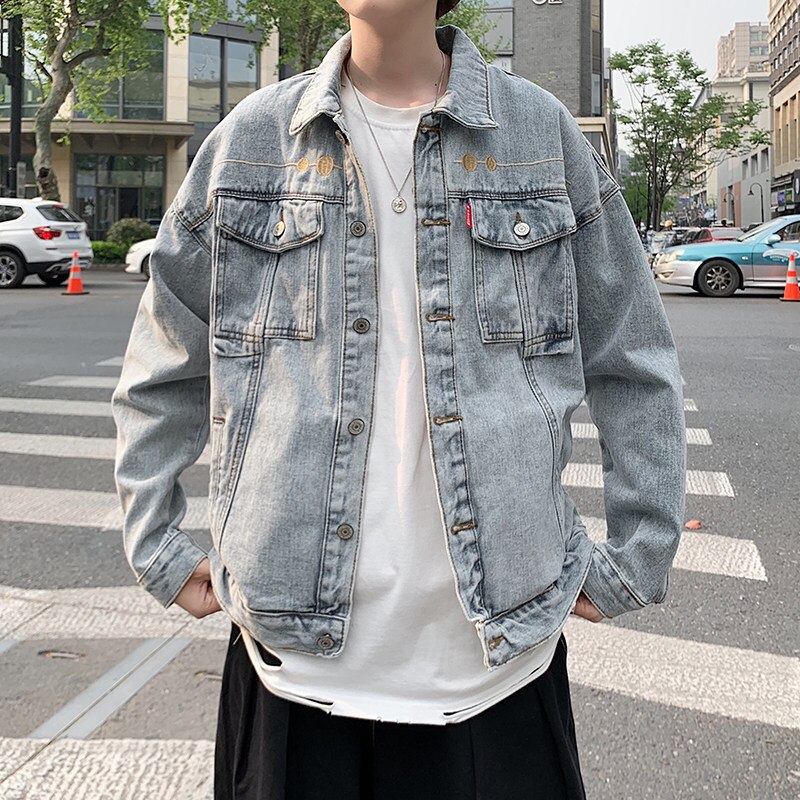 Spring and autumn teenagers denim jacket men loose casual all-match hip hop embroidery Korean youth handsome jacket