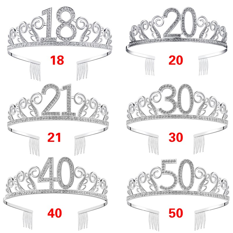 6 Styles Number Birthday Tiara Gorgeous Exquisite Rhinestone Princess Crown Silver Hair Jewelry Headband