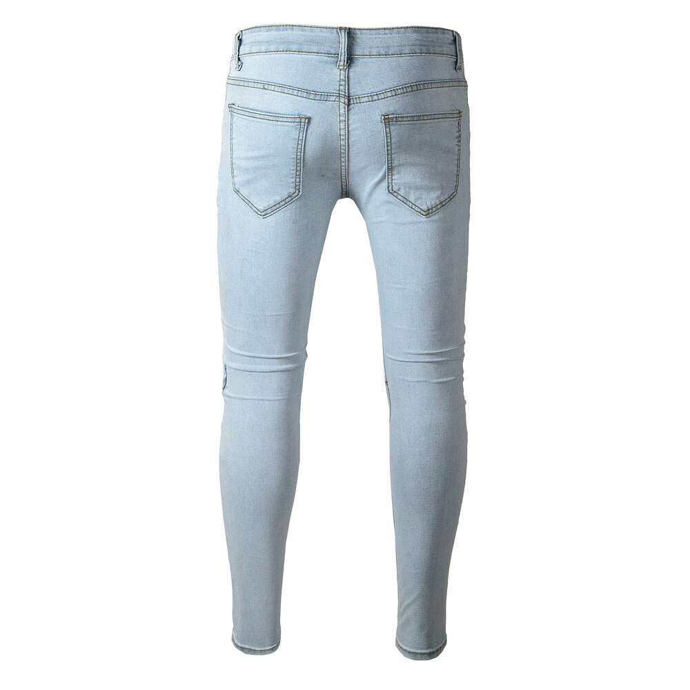 Män snygga slitna jeans byxor biker smal smal rak sliten denim byxor märke skinny jeans herrkläder