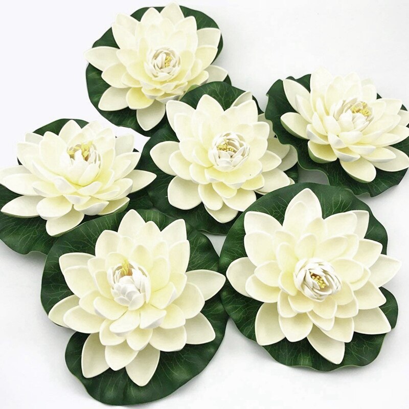 Flores de loto artificiales de espuma flotante, con adornos de almohadilla de lirio de agua, blanco marfil, perfecto para Patio Koi estanque piscina acuario casa G
