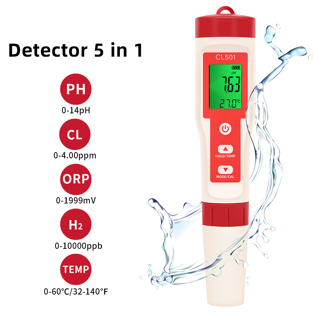 5-in-1-Chlormessgerät PH CL2 H2 ORP Temperaturmessgerät Wasserqualitätstester für Pools Trinkwasser Aquarium Schwimmbad