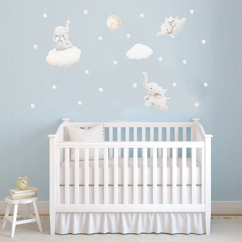 Cartoon Stars Cloud Wall Stickers Elephant Animal Sticker Baby Kids Room Decoration Nordic Style Nursery Plasic Wall Decals
