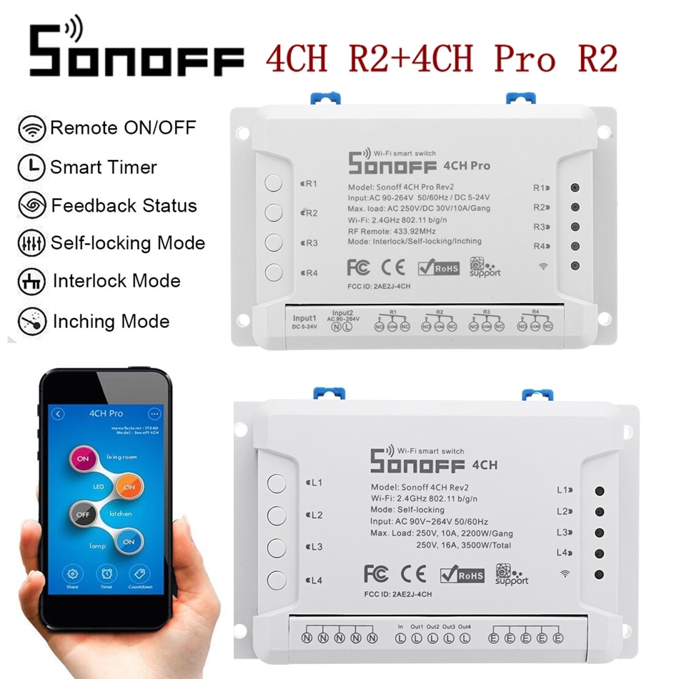 Sonoff 4CH R2 Profi R2 433mhz Gang RF kabellos Fernbedienung Clever Heimat Wifi Modul Clever schalten Tipp Verriegelung Relais alexa Google