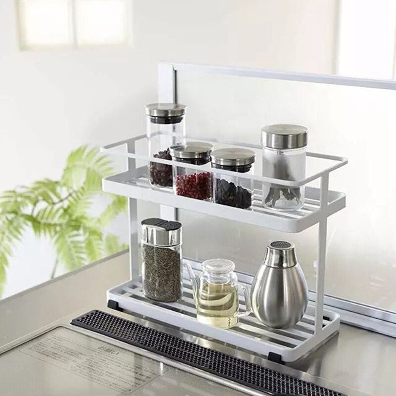 2-Layers Stainless Steel Storage Rack Spice Condiment Basket Desk Organizer Kitchen Bathroom Storage Holder Rack Shelf Black