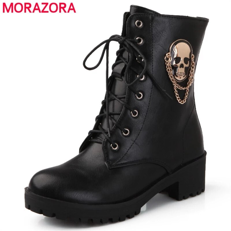 Morazora Enkellaarsjes Voor Vrouwen Schedel Street Lace Up Platform Vrouwen Laarzen Mode Dames Herfst Winter laarzen Schoen