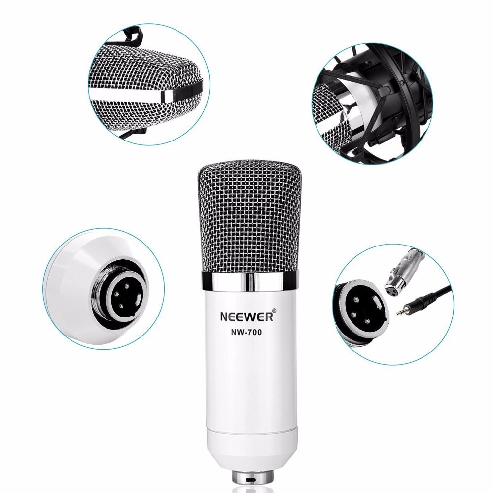 Neewer NW-700 Kit de micro, comprend: (1) Microphone à condensateur + (1) pied de Microphone + (1) filtre anti-Pop + (1) support anti-choc blanc